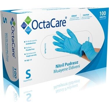 OctaCare S Beden Nitril Pudrasız Muayene Eldiveni Mavi