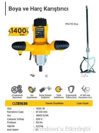 ÖZ BAHAR BOYA VE HARÇ KARIŞTIRICI 1400WATT