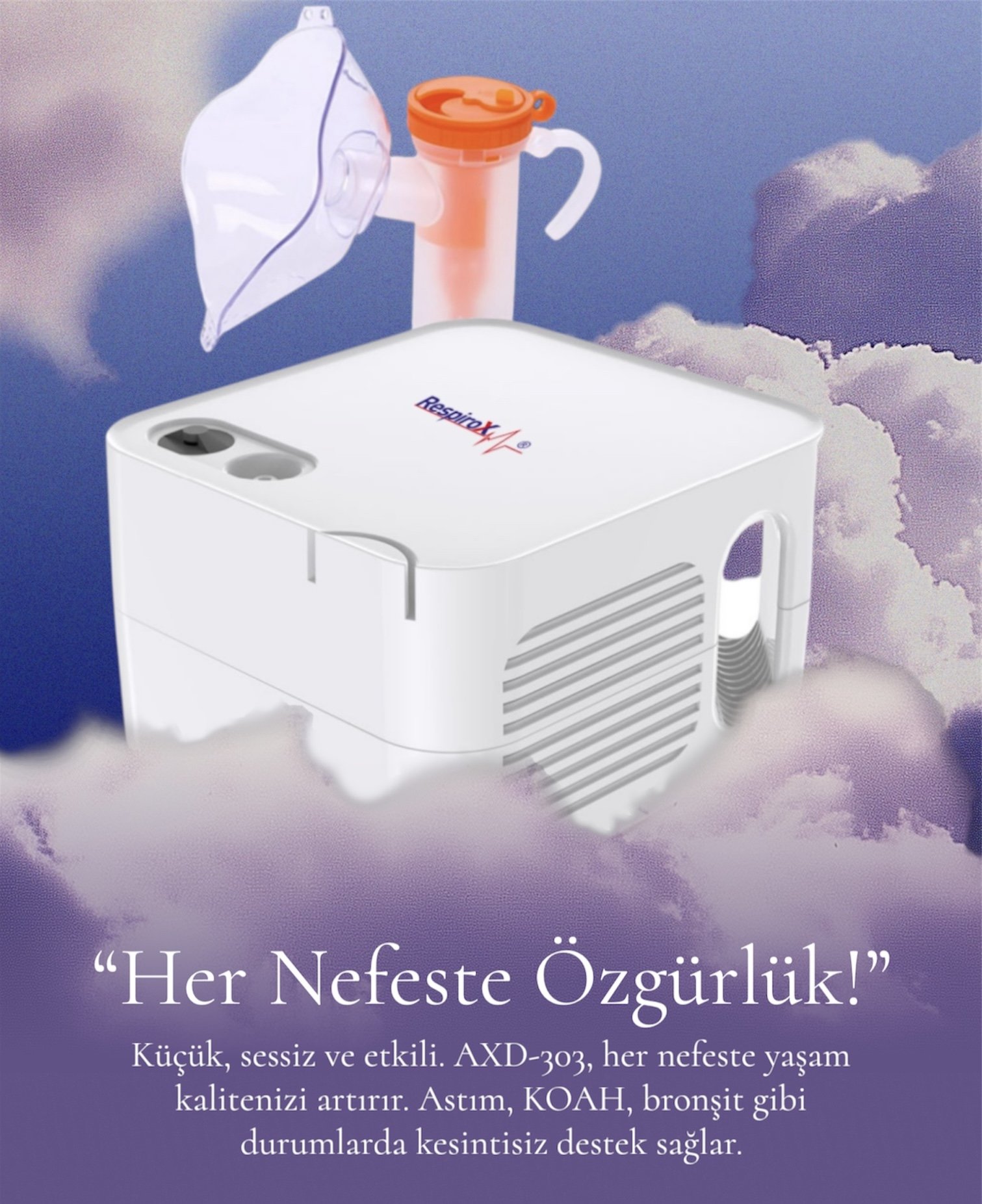 Respirox AXD-303 Kompresörlü Nebülizatör – Sessiz & Pediatrik Uyumlu
